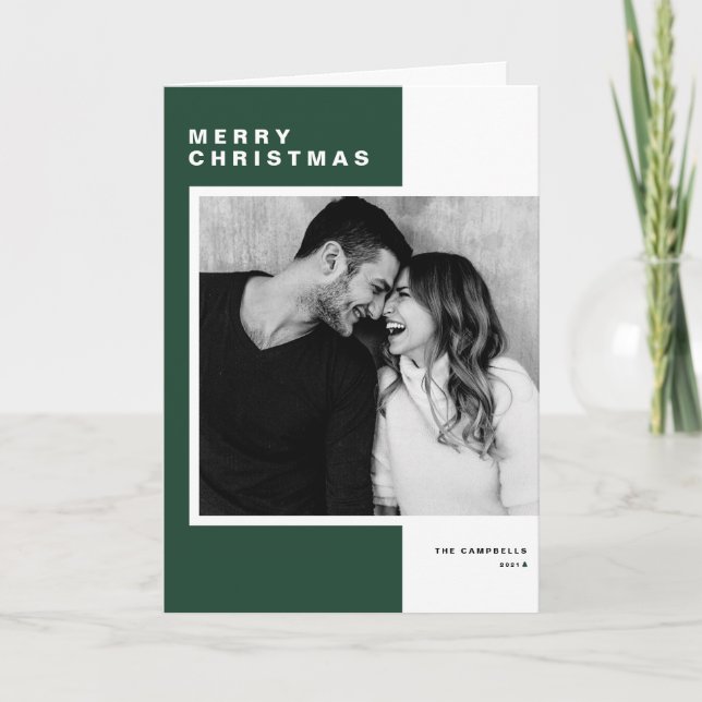 Green Minimalist Colour Block Merry Christmas Phot Holiday Card (Front)