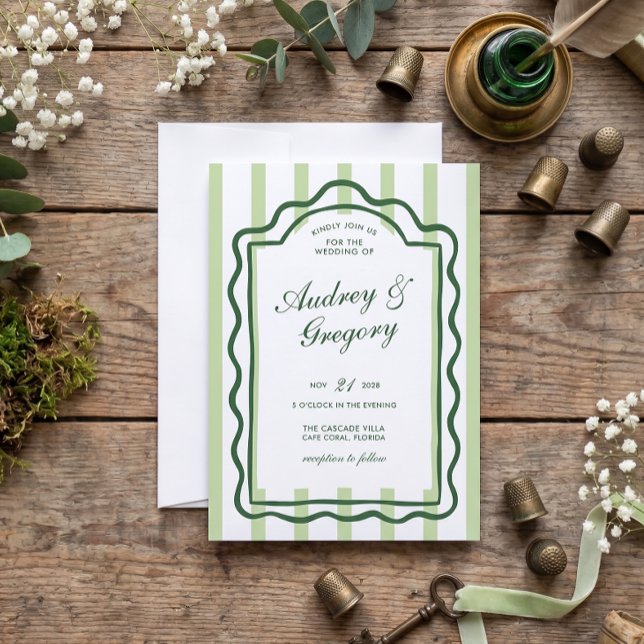 Green Minimalist Coquette Wedding Invitation (Green Wavy Frame Wedding Invitation)