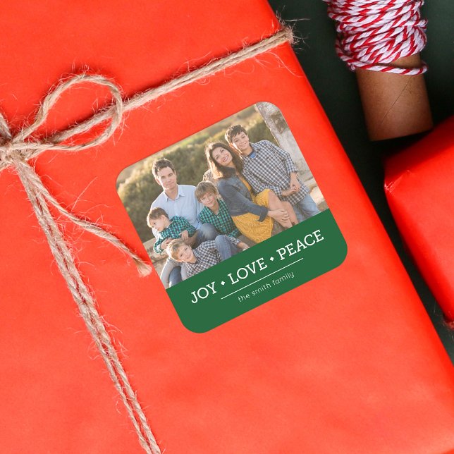Green Minimalist Joy Love Peace Holiday Photo Square Sticker (Creator Uploaded)