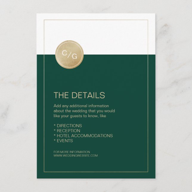 Green minimalist modern wedding details card (Front)
