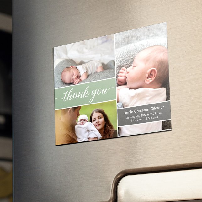Green Minimalist Newborn photos Name Baby Shower Magnetic Invitation (Fridge magnet baby photo collage thank you announcement birth stat card.)