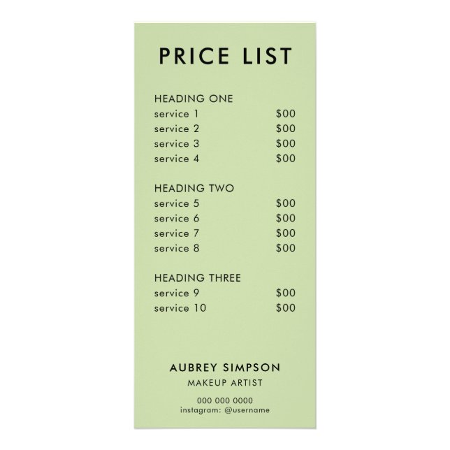 Green Minimalist Price List Rack Card (Front)