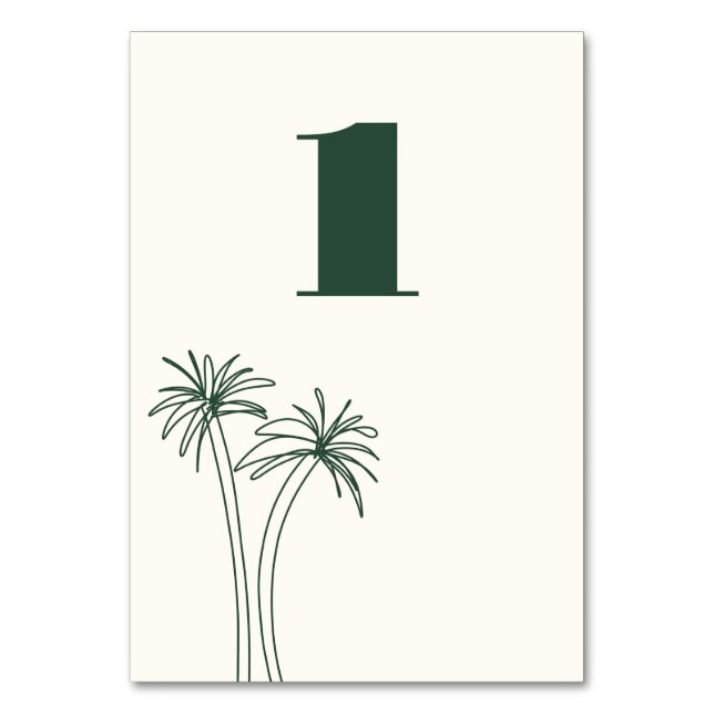 Green Minimalist Tropics Wedding Table Number (Front)