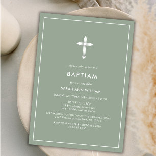 Green Minimalist Typography Cross Frame Baptism Invitation