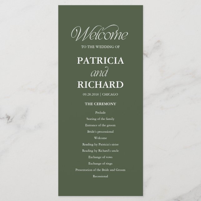 Green Minimalist Wedding Order of Service Program Programme (Front)