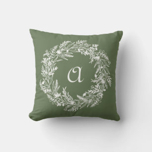 Green Minimalist Wreath Botanical Letter A  Cushion