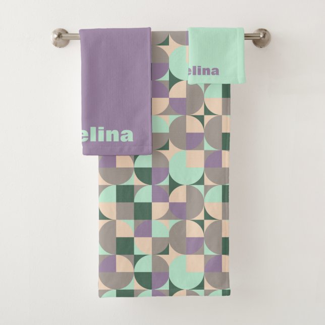 Green mint beige abstract geometric pattern name b bath towel set (Insitu)