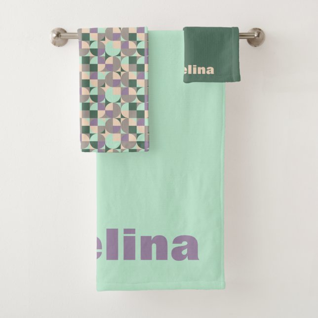 Green mint beige abstract geometric pattern name bath towel set (Insitu)