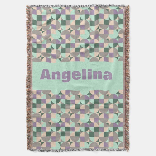 Green mint beige abstract geometric pattern name throw blanket (Front Vertical)