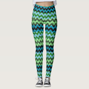 Green Mint Black Chevron Pattern Burlap Look Leggings