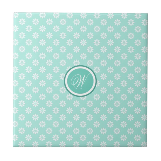 Green Mint Daisies Monogrammed Tile (Front)