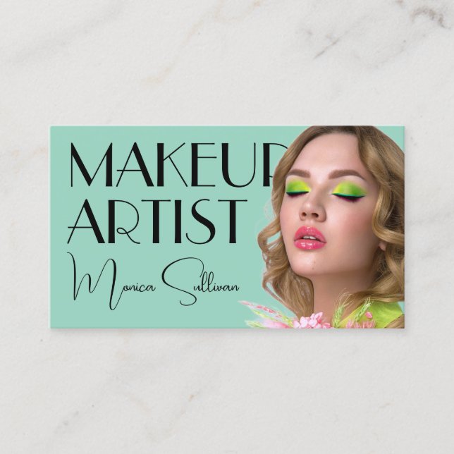 Green mint tone makeup artist business card (Front)