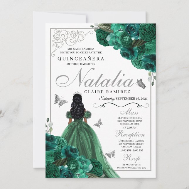 Green Mis Quince Anos Princess Dress Butterflies Invitation (Front)