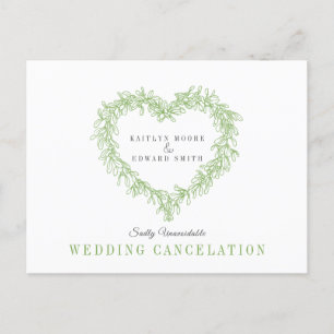 Green mistletoe heart wreath wedding cancellation announcement postcard