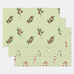 Green Mistletoe Red Berries and Red Candy Canes Wrapping Paper Sheet