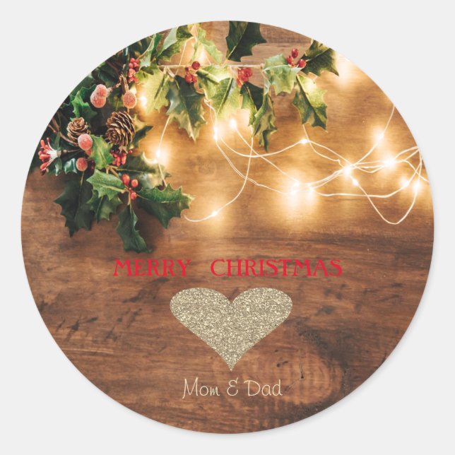 Green Mistletoe,String Lights,Wood Christmas Classic Round Sticker (Front)
