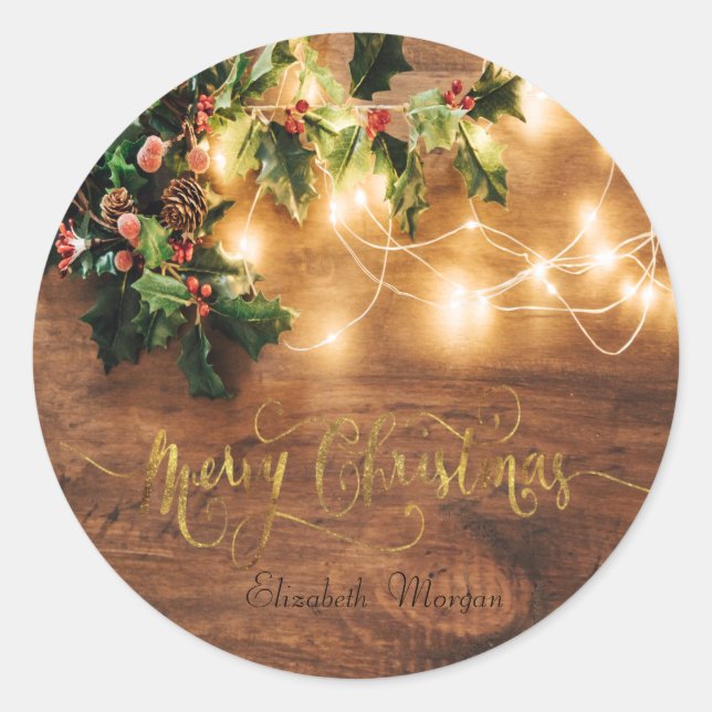 Green Mistletoe,String Lights,Wood Christmas  Classic Round Sticker (Front)