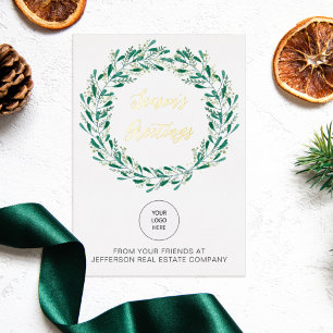 Green Mistletoe Wreath Company Logo Business Foil Holiday Postcard