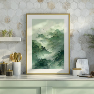 Green Misty Mountain Landscape Art Canvas Print