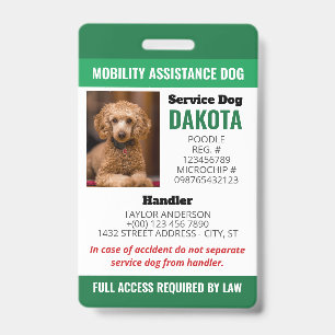 Green Mobility Assistance Dog Logo QR Photo ID Badge