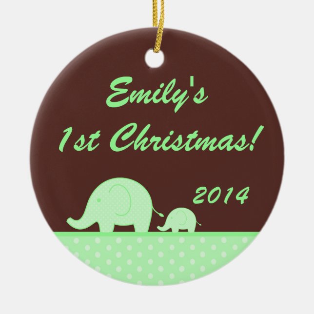 Green Mod Elephant Jung Personalised Name Ornament (Front)
