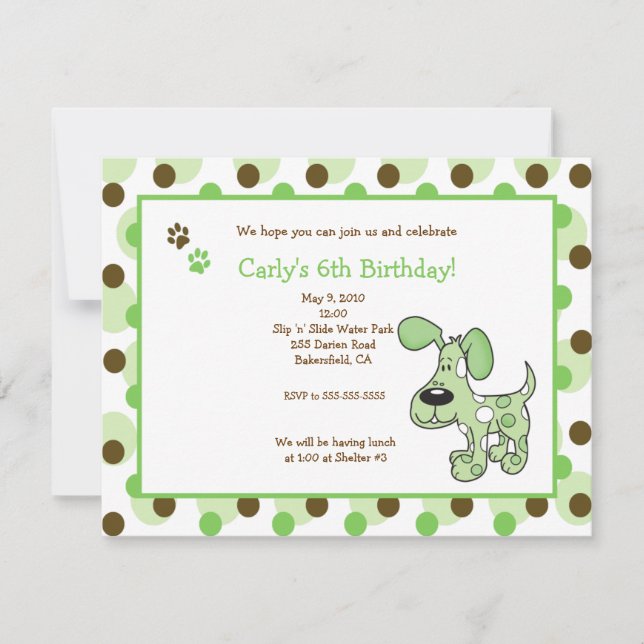 GREEN MOD PUPPY Boy or Girl Birthday Invitations (Front)