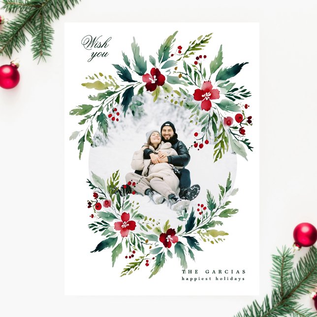 green modern big wreath one photo merry christmas holiday card (Creator Uploaded)