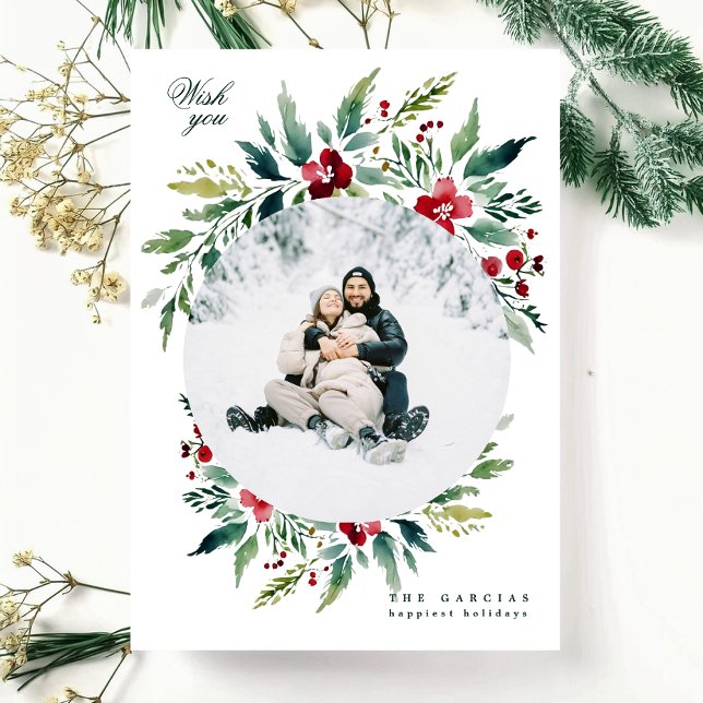 green modern big wreath one photo merry christmas holiday card (Creator Uploaded)