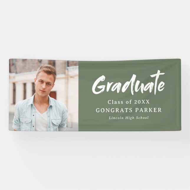 Green Modern Brush Script Photo Graduation Party Banner (Horizontal)