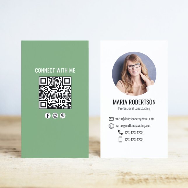 Green Modern Business QR Code Photo Business Card (Modern style business card with a scannable QR code template.)