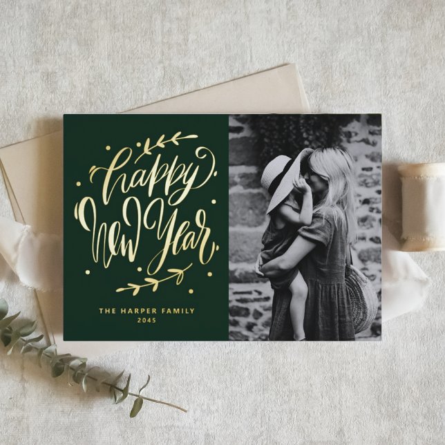 Green Modern Calligraphy and Wreath New Year Photo (Customizable gold foil photo Happy New Year card featuring modern calligraphy and wreath.)