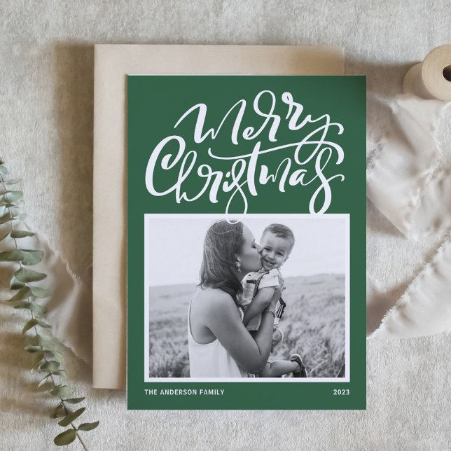 Green Modern Calligraphy Photo Merry Christmas Holiday Card (Creator Uploaded)