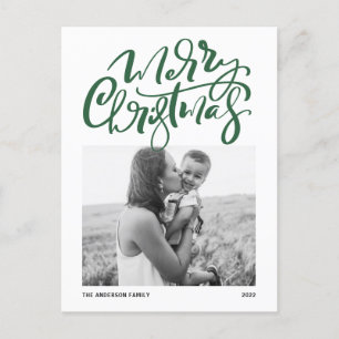 Green Modern Calligraphy Photo Merry Christmas Holiday Postcard