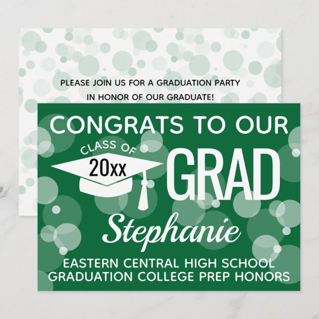 Green Modern Confetti Bokeh Bubbles Graduation Invitation (Front/Back)
