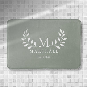 Green Modern Elegant Floral Monogram Family Name Bath Mat