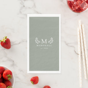 Green Modern Elegant Floral Monogram Family Name Napkin
