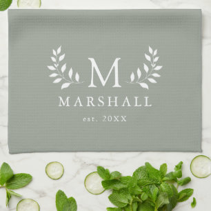 Green Modern Elegant Floral Monogram Family Name Tea Towel