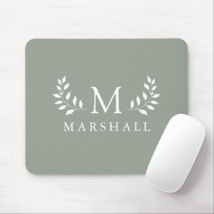 Green Modern Elegant Floral Monogram Name Mouse Pad