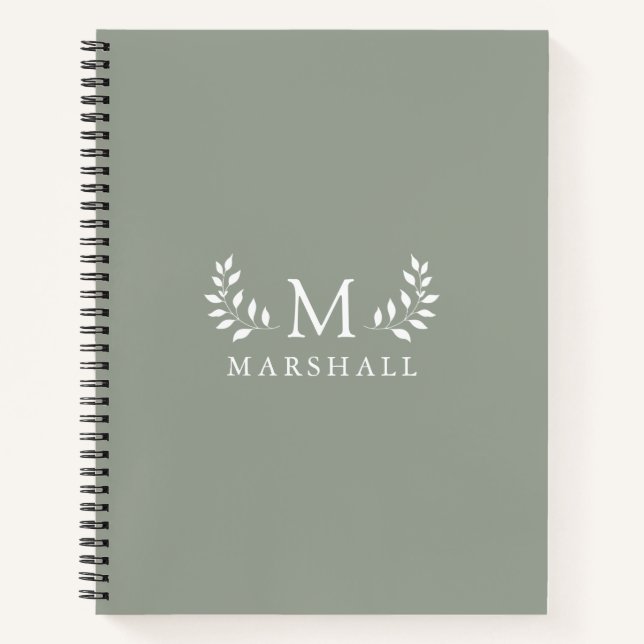 Green Modern Elegant Floral Monogram Name Notebook (Front)