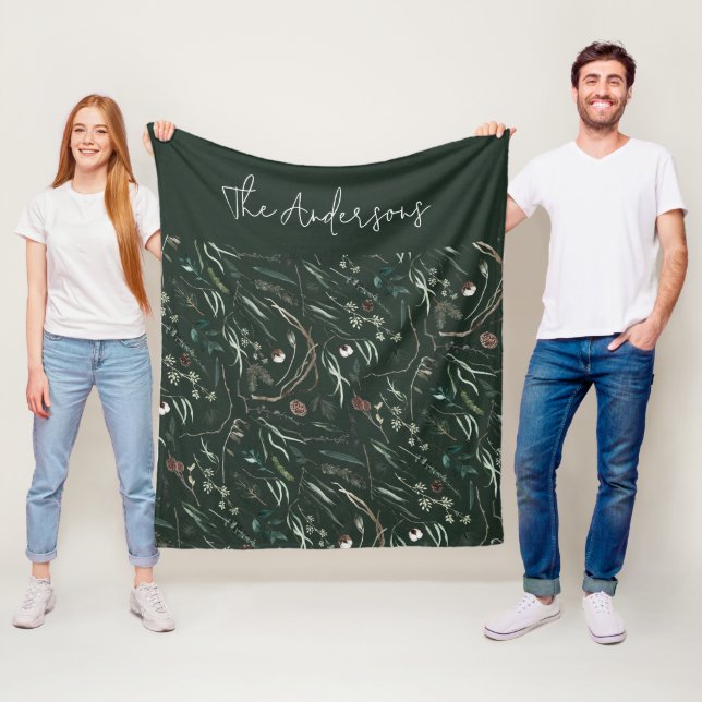 Green modern elegant rustic botanical family fleece blanket (In Situ)