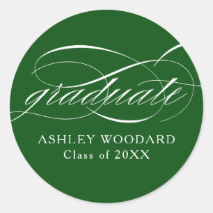 Green Modern Elegant Script Graduation Classic Round Sticker