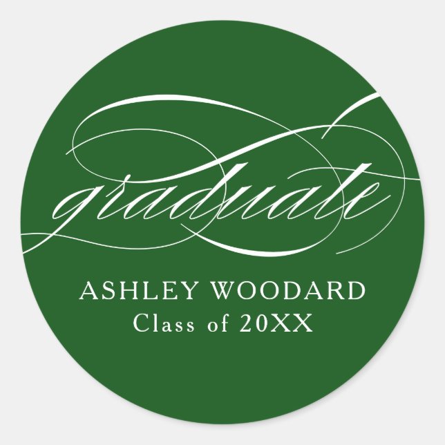 Green Modern Elegant Script Graduation Classic Round Sticker (Front)