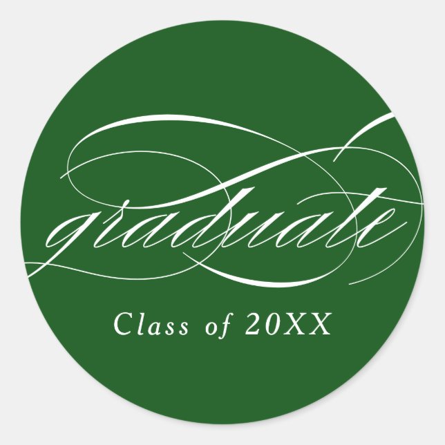 Green Modern Elegant Script Graduation Classic Round Sticker (Front)