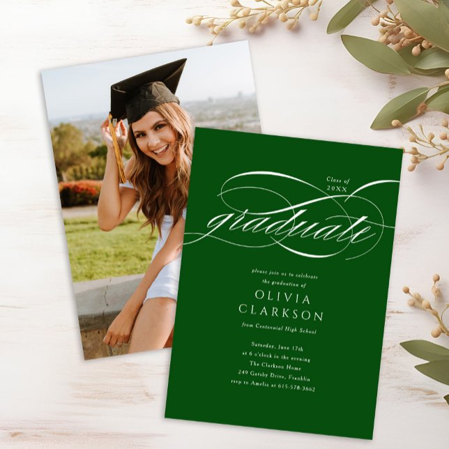 Green Modern Elegant Script Photo Graduation Party Invitation (Creator Uploaded)