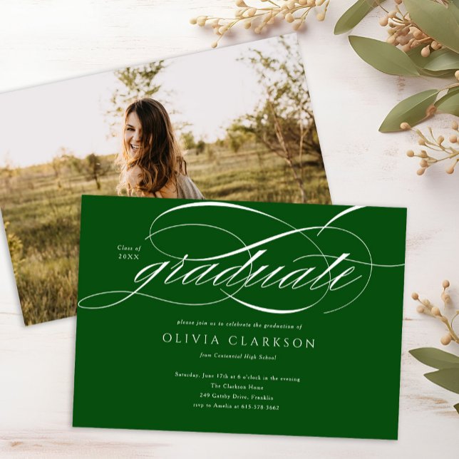 Green Modern Elegant Script Photo Graduation Party Invitation (Creator Uploaded)