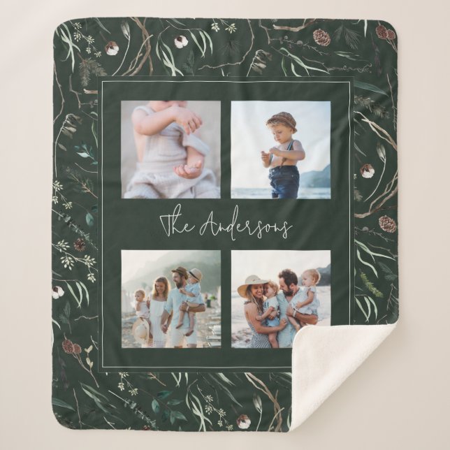 Green modern elegant watercolor botanical 4 photo sherpa blanket (Front)