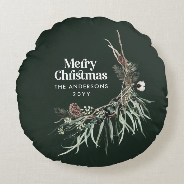 Green modern elegant watercolor botanical round cushion (Front)