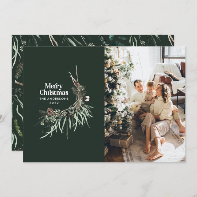Green modern elegant watercolor botanical rustic holiday card (Front/Back)