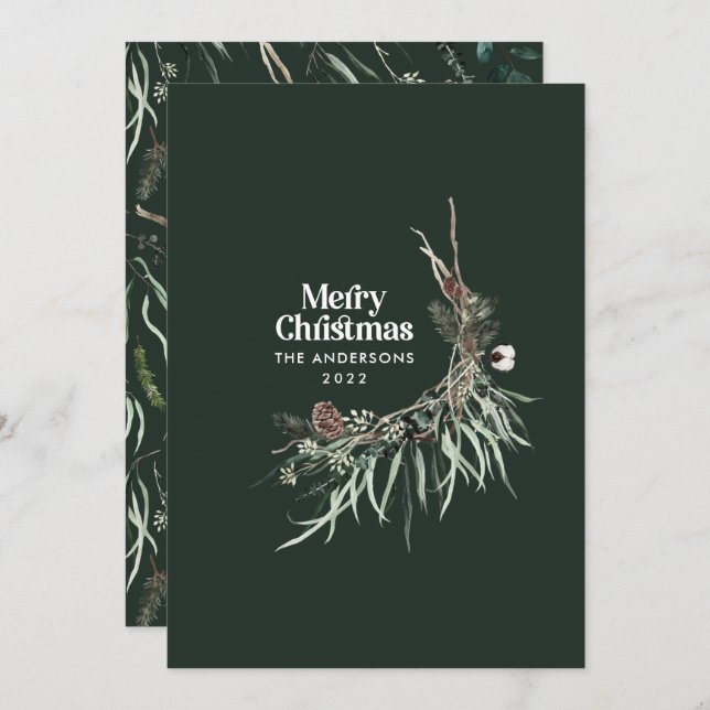 Green modern elegant watercolor botanical rustic holiday card (Front/Back)