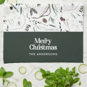 Green modern elegant watercolor botanical rustic tea towel